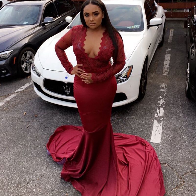 Burgundy Prom Dresses Long Mermaid Lace 