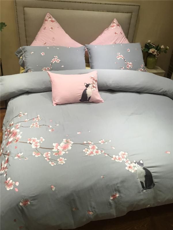 100 Cotton Super Soft Double Layer Gauze Fabric Grey Color Bedding Sets With Cherry Blossom And Cat Embroidered Bed Covers French Country Bedding High End Bedding From Gyposphila 158 28 Dhgate Com
