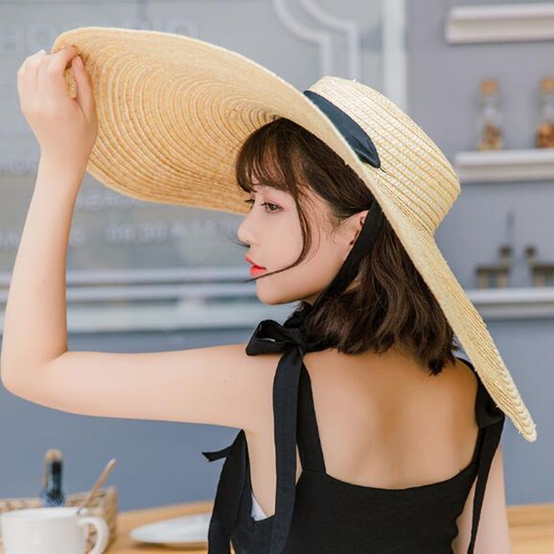 2019 mujeres natural raffia de paja corbata 15 cm de ala derby playa sol sombrero tapa verano ancho ultraterrestre protección sombreros hembra r6 y19052004