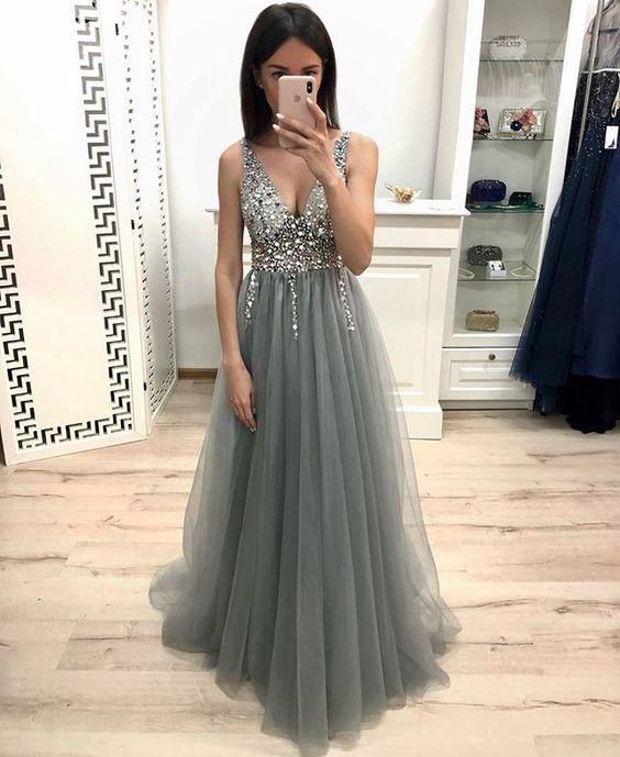 Elegantes vestidos de de plata diamantes de imitación cuello V profundo Tulle