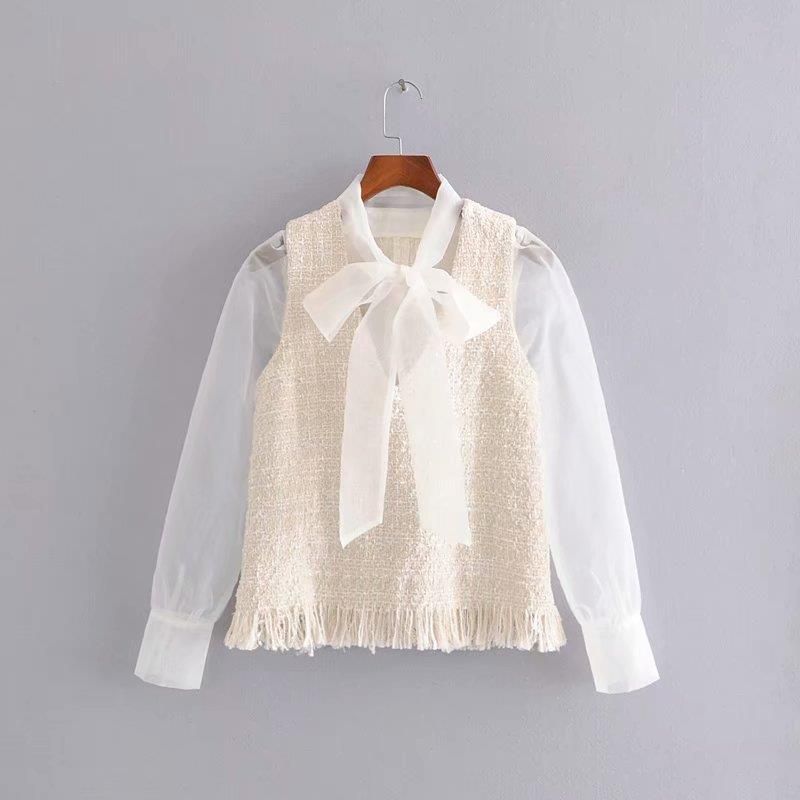 Compre Blusas Para Mujer Camisas Organza Patchwork Twoed Woolen Blusa  Mujeres Elegante Transparente Oficina Dama Bow Tassel Tops A 19,34 € Del  Splendid99 | Es.Dhgate.Com