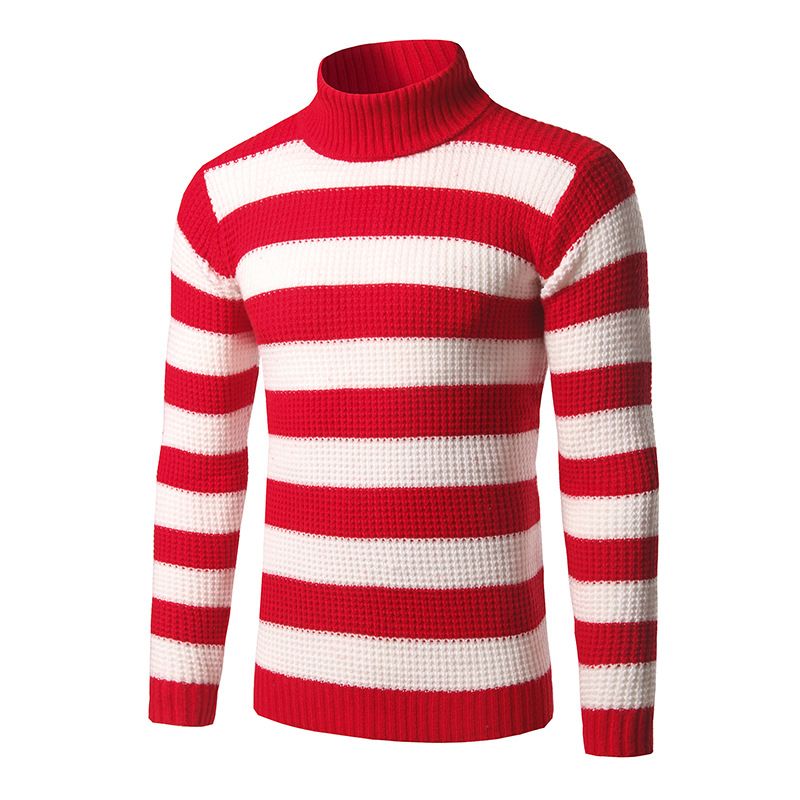 Mens Striped Turtle Neck Sweaters Blue 