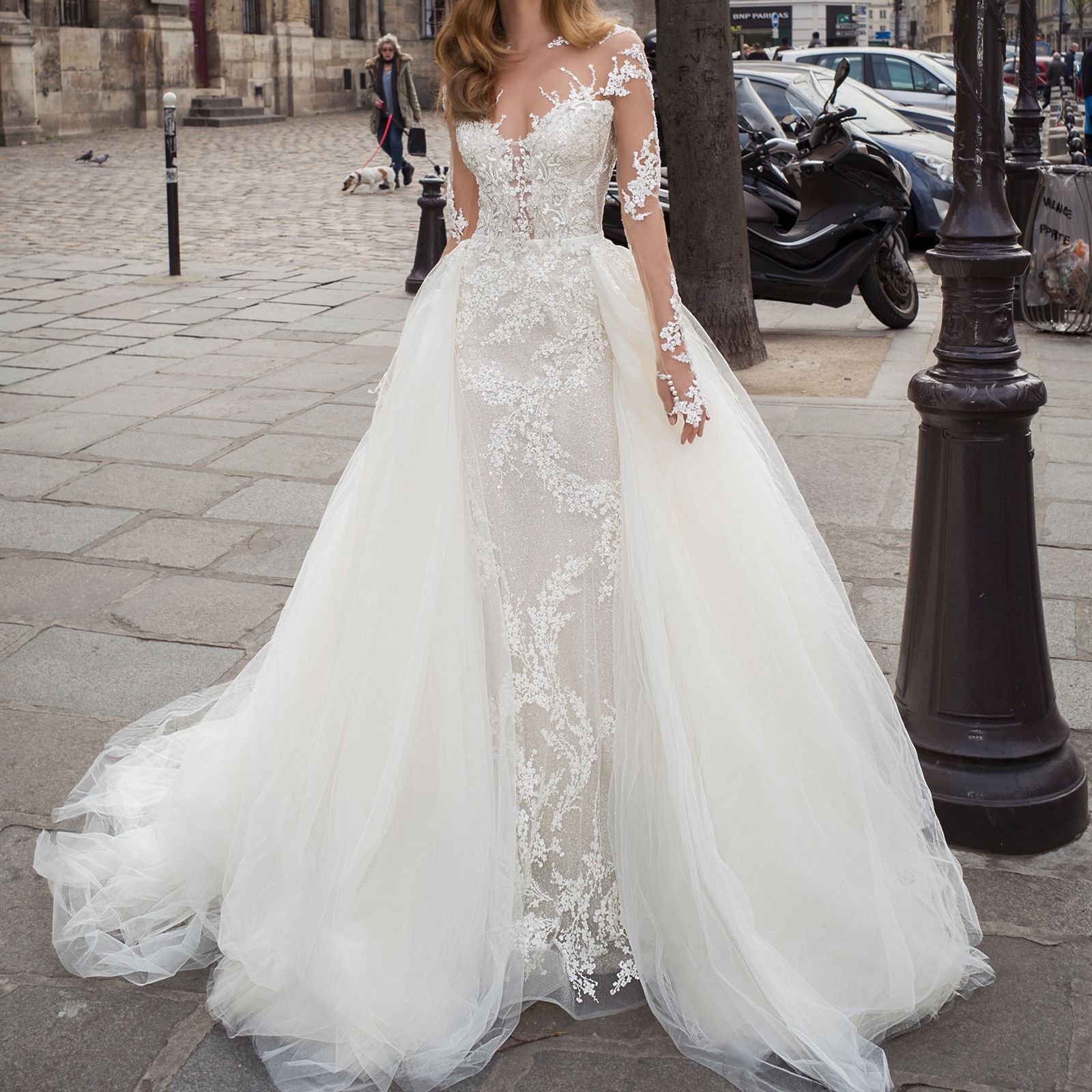 Grosshandel Meerjungfrau Brautkleider Abiti Da Sposa See Through Juwel Hals Langarm Spitze Hochzeitskleid Mit Overkirt Braut Formal Kleid Mit Armeln Von Kissbridal 419 08 Auf De Dhgate Com Dhgate