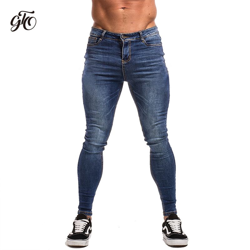Gingtto Blue Slim Fit Super Skinny Jeans para hombres Street Wear Hop Tobillo Corte