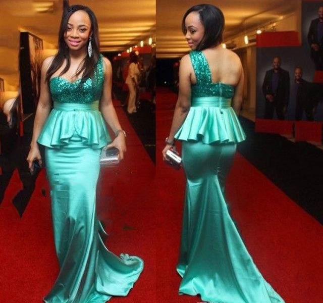 Backless One Shoulder Turquoise Evening Dress African Mermaid Sequins