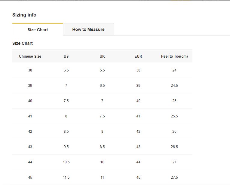 Dhgate Shoe Size Chart