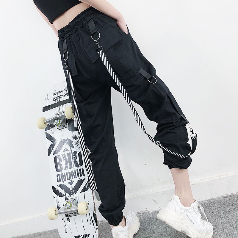 2019 Cargo Pants Mujer Cintura alta Bolsillos sueltos Pantalones Coreana Streetwear Hip Hop Pantalones