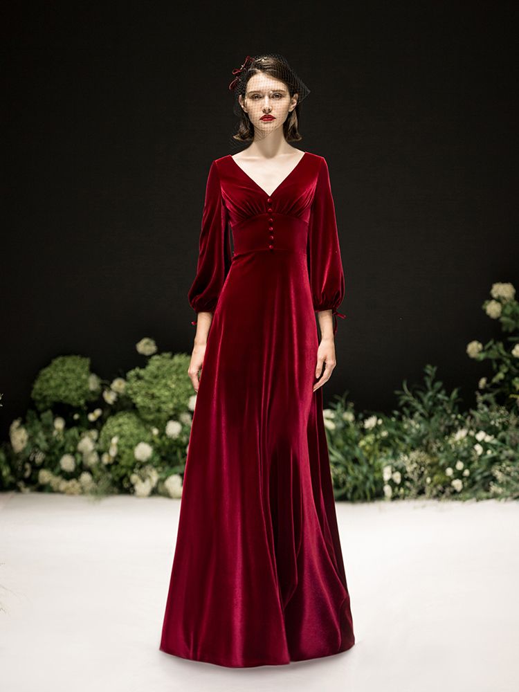 Dark Red Velvet Prom Dresses Elegant V 