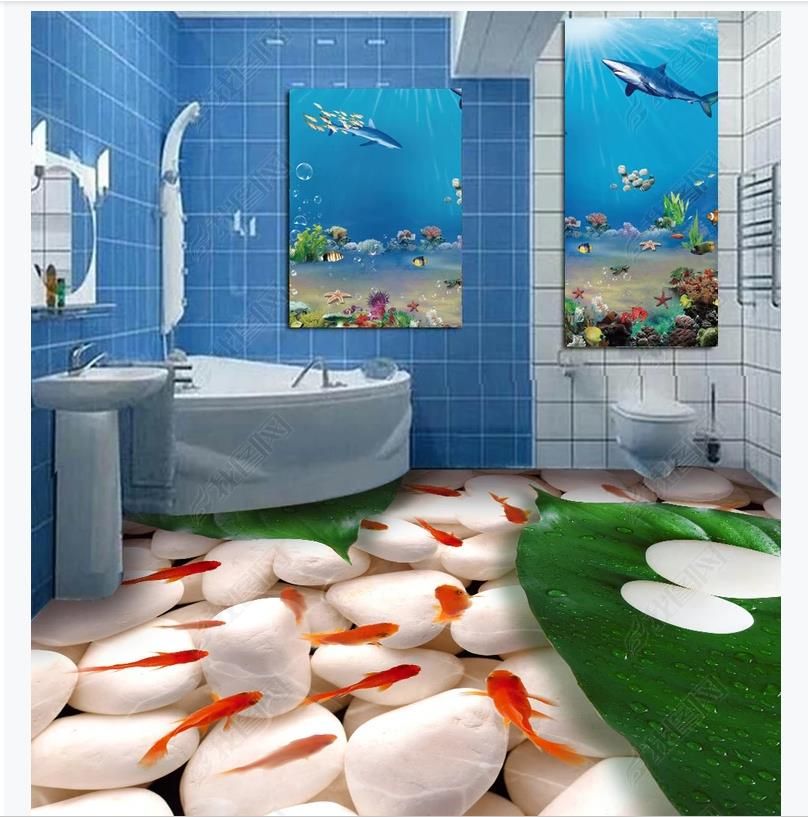 3d Custom Self Adhesive Waterproof Photo Floor Mural Wallpaper Goldfish Cobblestone Toilet Bathroom 3d Floor Painting Floor Sticker Mobile Wallpapers