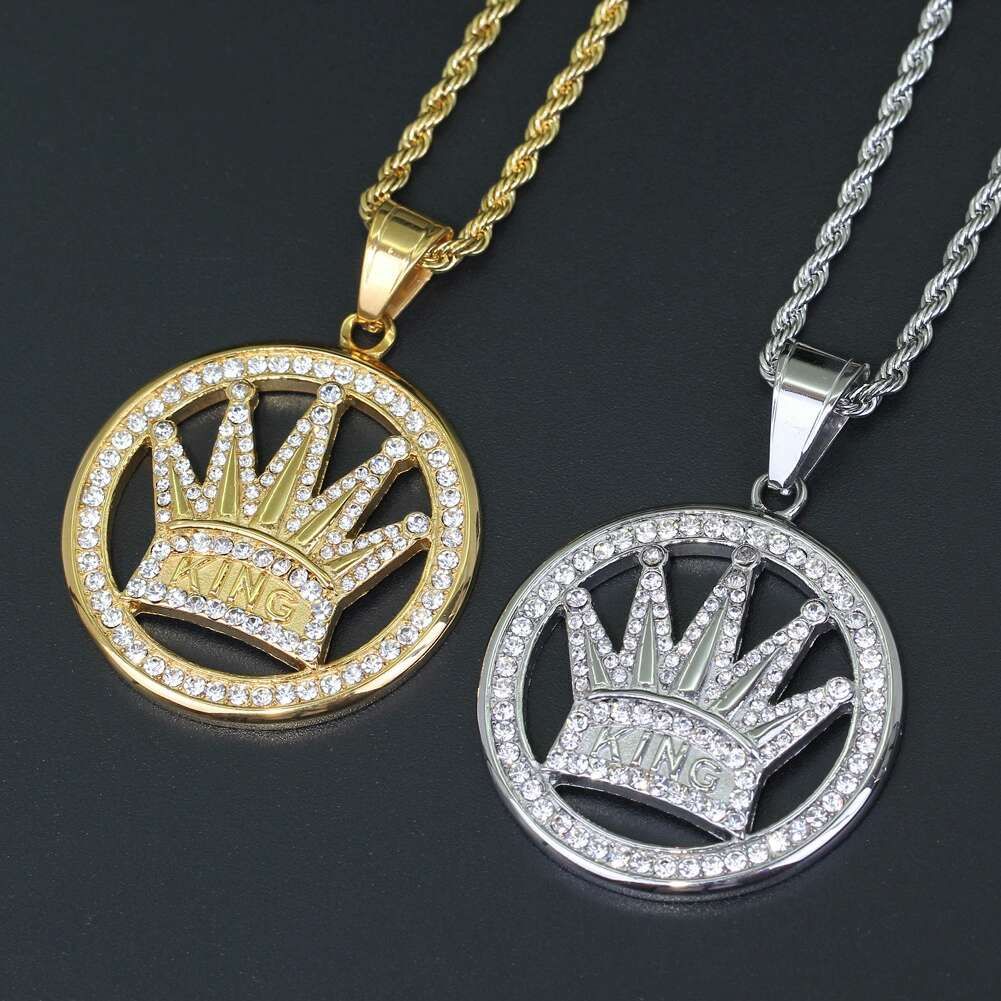 New Men's Hip-Hop Gold/Silver Rhinestone Crown Pendant Necklace Ornament Gift 