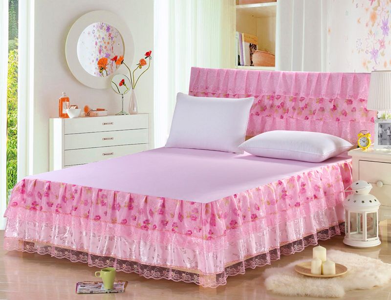 100 Polyester Pink Lace Bed Skirt Elastic Bed Bedspread Exquisite Lace