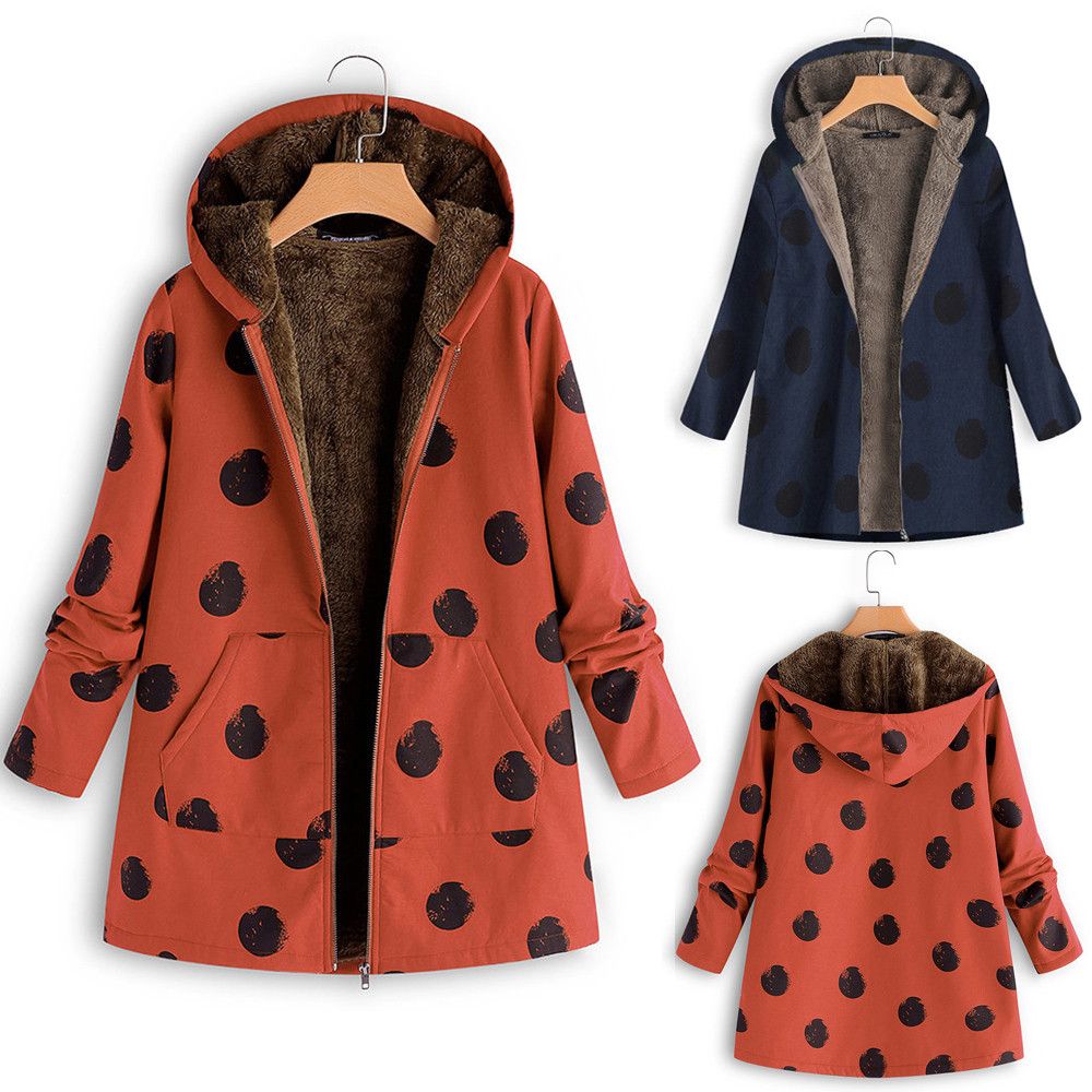 Amiley Women Vintage Winter Warm Zipper Coat Plus Size Printed Long Sleeve Hooded Jacket Outwear Pockets