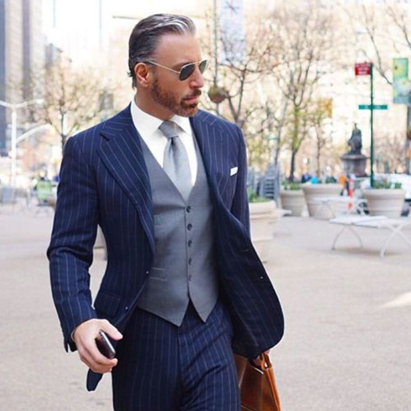 navy blue suit with grey waistcoat