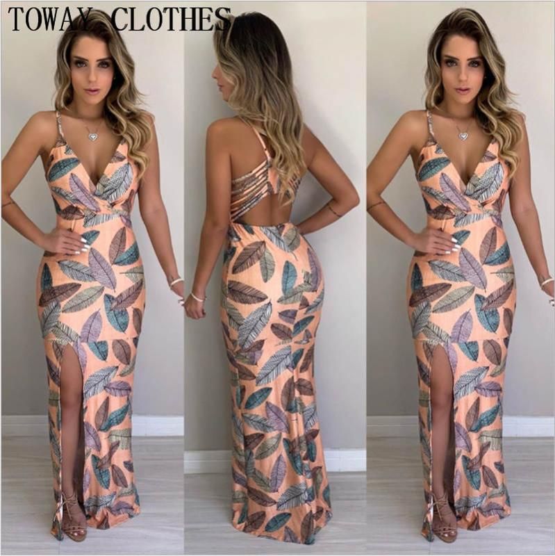 peacock feather print thigh slit slip dress
