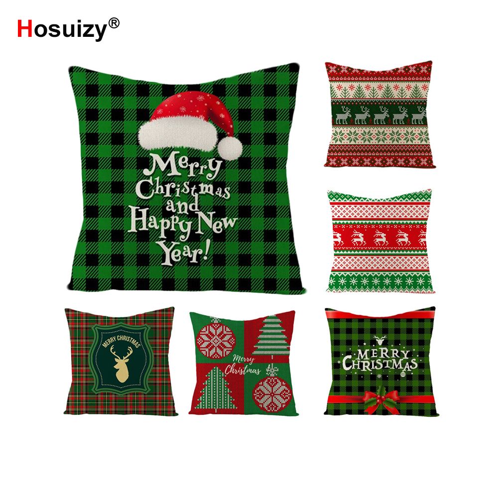 Merry Christmas Cushion Covers Linen 45x45 Red Green Plaid Deer