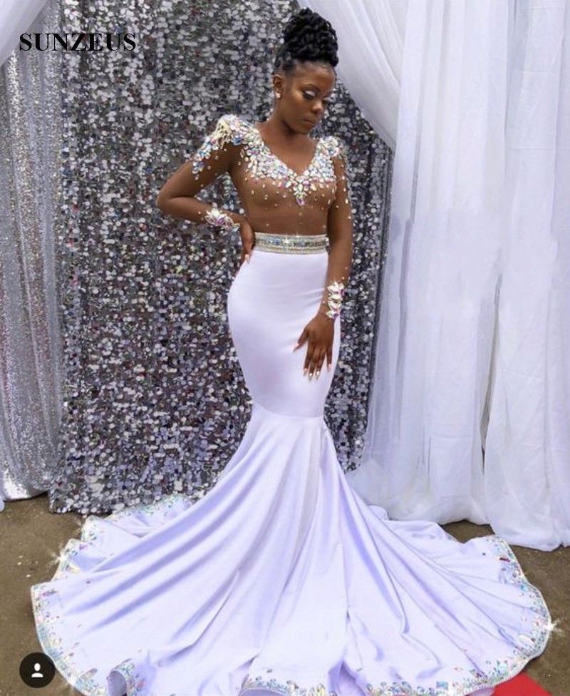 Piedras de imitación con cuentas vestidos de baile sirena con cuello en v manga larga vestidos Piedras de imitación con cuentas vestidos de baile sirena con cuello en v manga larga vestidos
