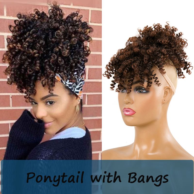 High Puff Afro Kinky Curly Synthetic Ponytail With Bangs Ponytail Hair Extension Drawstring Short Afro Pony Tail Clip In For Women Curly Hair Straight Bangs Hairstyles For Long Curly Hair With Bangs
