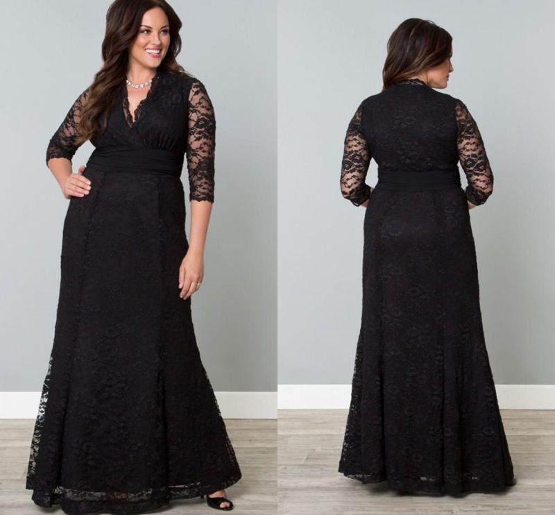 Compra Black Full Lace Plus Size Vestidos Formales Con Cuello En V 3/4  Manga Sirena Vestidos De Noche Hasta El Suelo Madre De La Novia Barato |  Entrega Rápida Y Calidad | Es.Dhgate