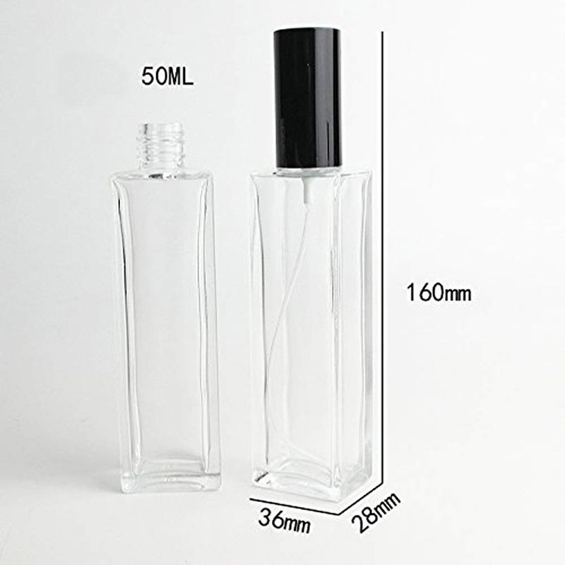 1pcs Squared Transparent Glass Empty Perfume Bottle Fine Mist Spray Container Cologne with Spray Applicator and Black Lid Size 50ml/1.7oz