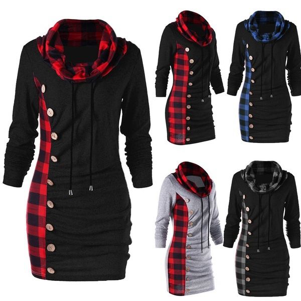 FORUU Womens Cowl Neck Plaid Drawstring Button Hoodie Sweatshirt Tunic Dress