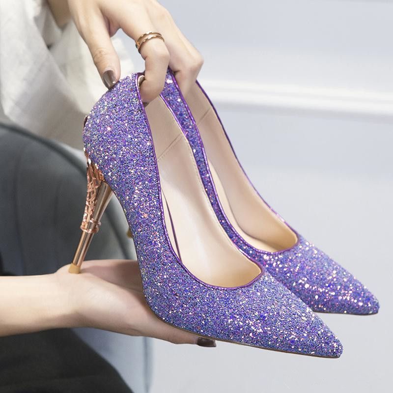 Acquistare Paillettes Viola Tacco Alto Scarpe Da Sposa Delle Donne Di Sera  Del Partito Di Promenade Dei Pattini London Fashion Week Eden Tacco A Punta  Kid Pelle 2019 Modest Economico | Consegna