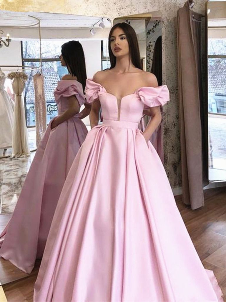 Pink Prom Dresses Short Puff Sleeves 