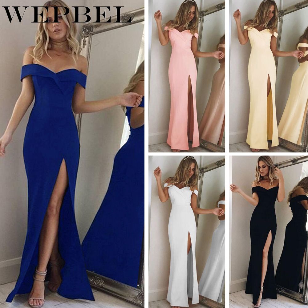 Moda Mujeres Vestidos Elegantes Vestidos Fuera Del Hombro Spaghetti Straps De Cuerpo Entero Vestido De Dividido De 23,76 | DHgate