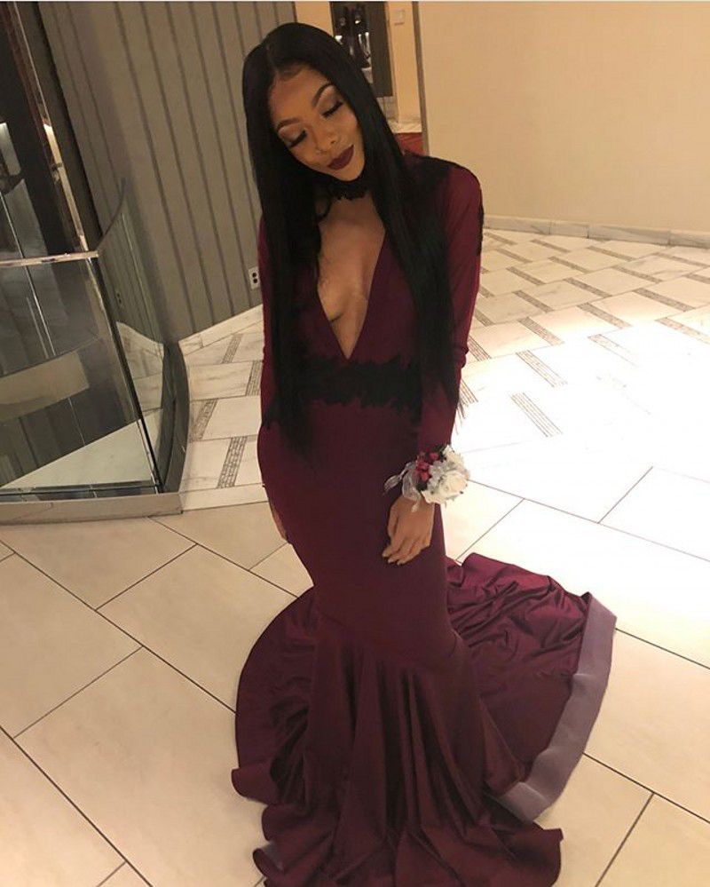 Mermaid Burgundy Prom Gowns With Black Appliques Deep V Neck Long Sleeves Party Dress For Black Girls Vestidos Gala Prom Dress Sales Prom Dress