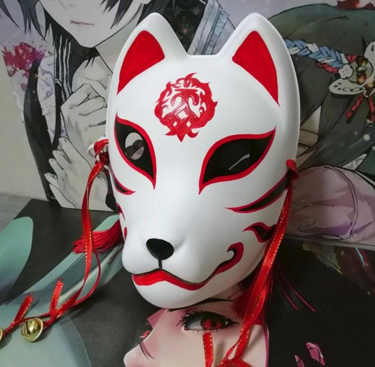2021 Full Face Hand Painted Japan Fox Mask Kitsune Cosplay Masquerade ...