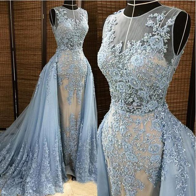 Grosshandel Luxuriose Stickerei Abendkleider Mit Tull Abnehmbarer Uberrock Illusion Blau Graue Perlen Perlen Prom Party Kleider Robe De Soiree Von Shufti 341 08 Auf De Dhgate Com Dhgate