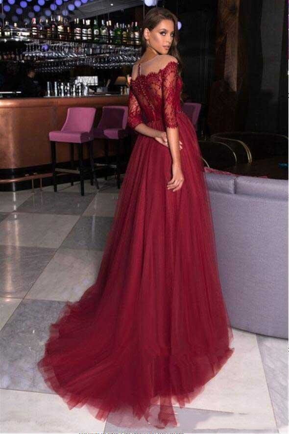 Burgundy New Prom Dresses Half Sleeve 