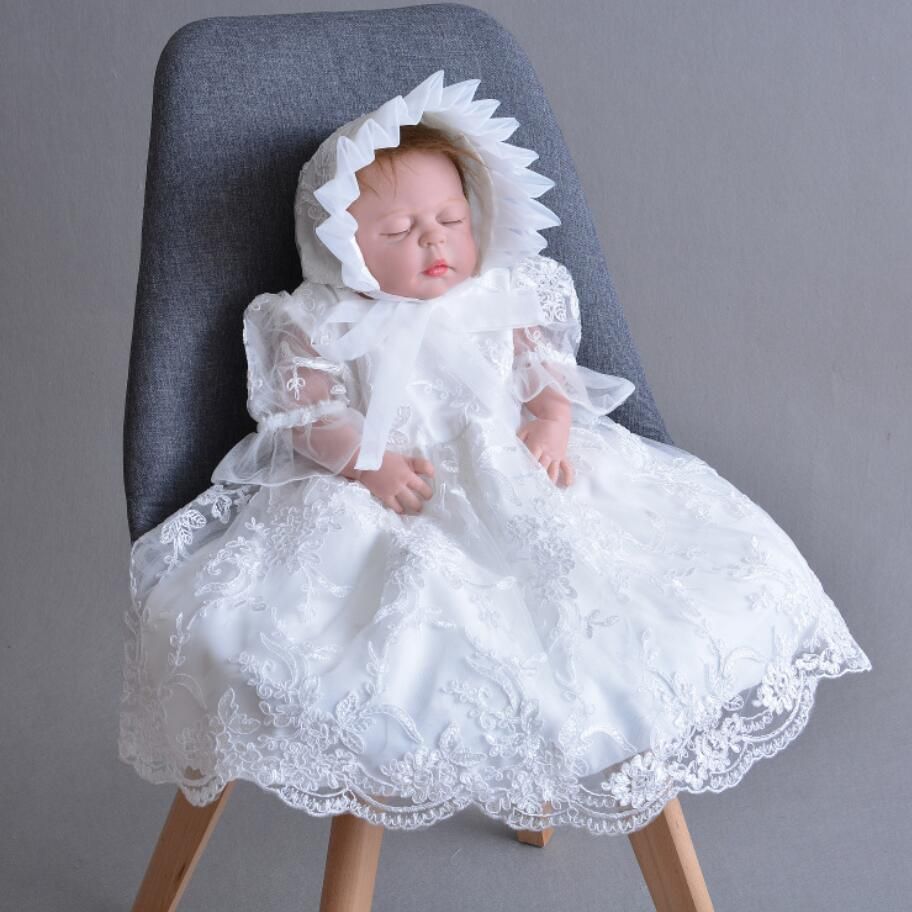 Baby Girl Long White Embroidered Satin Ribbon Tulle Christening Dress with Hat