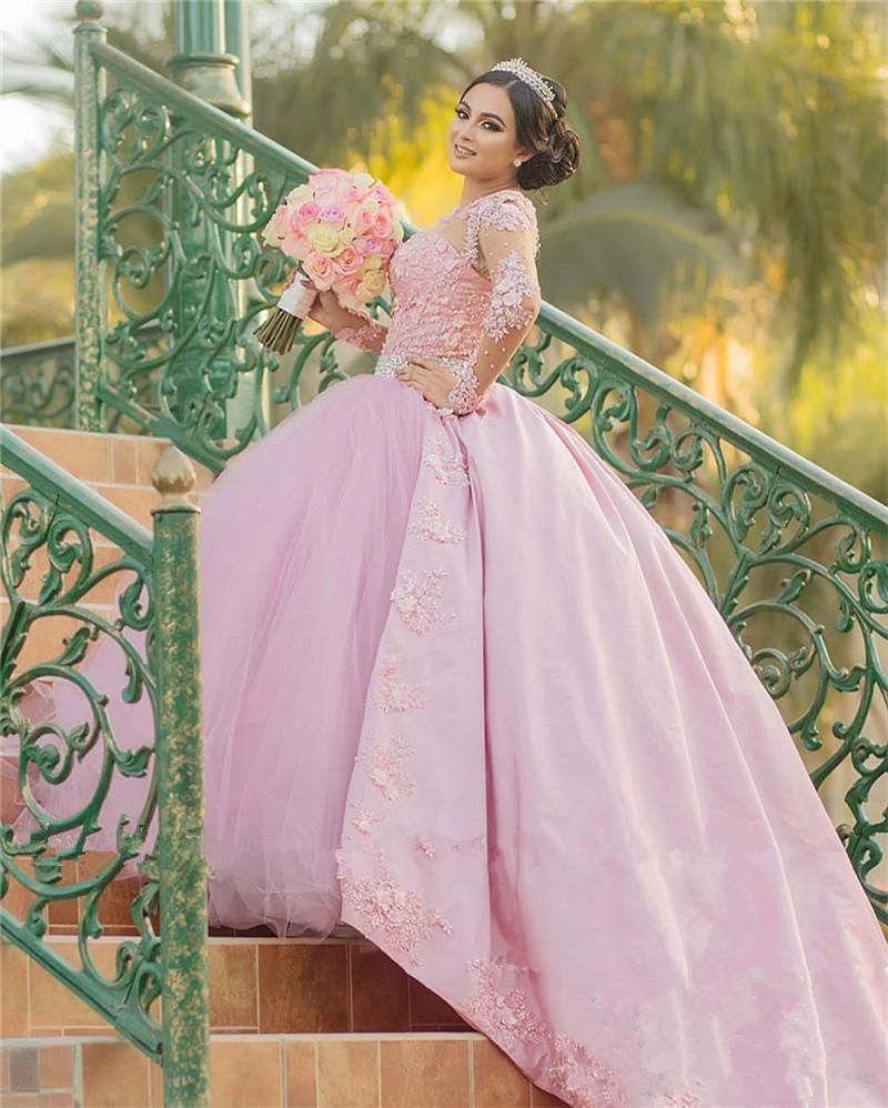 Vestido rosa tul satinado bola larga manga quinceañera cristal 2020 elegante 16