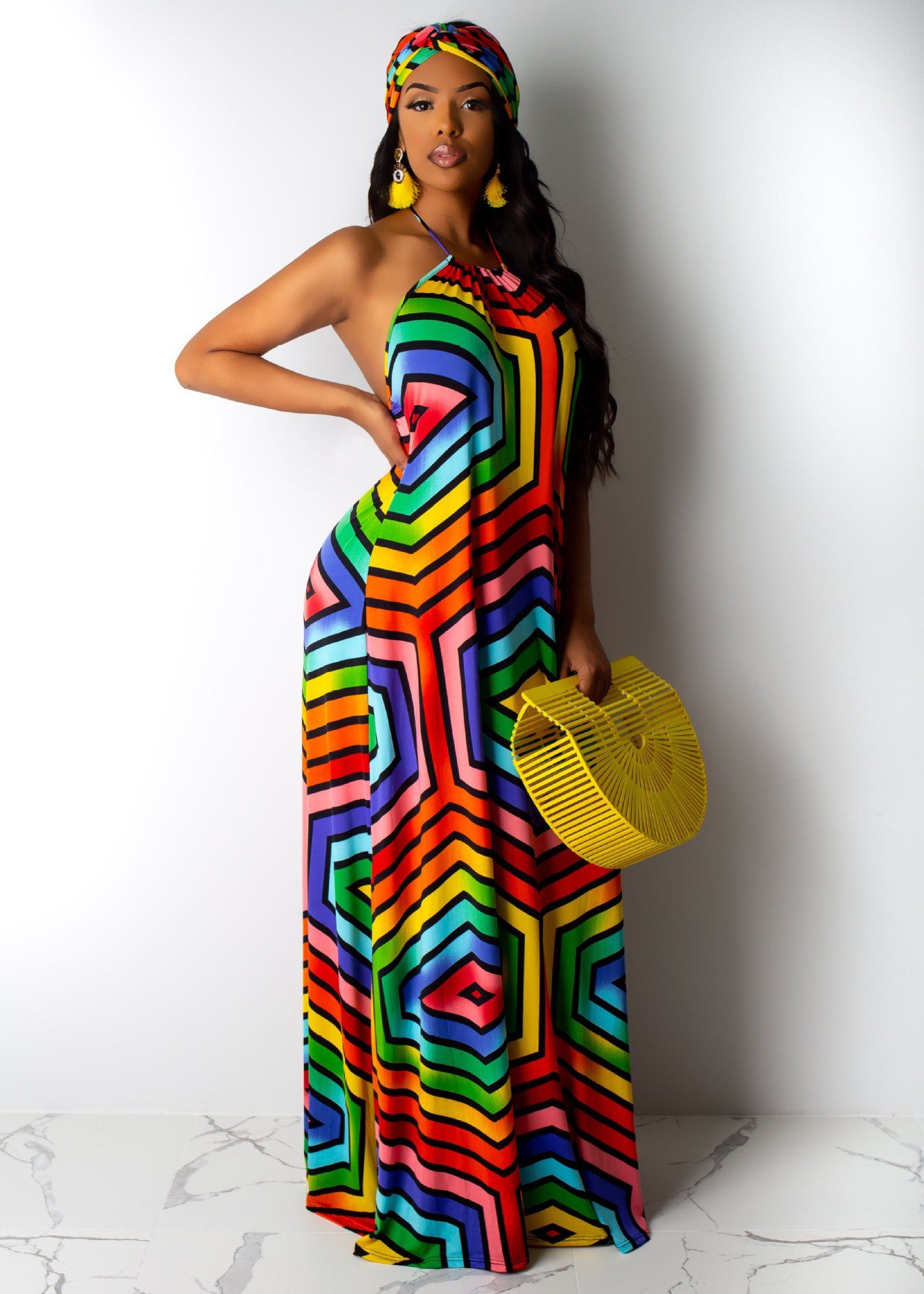 bohemian round neck striped jumpsuit