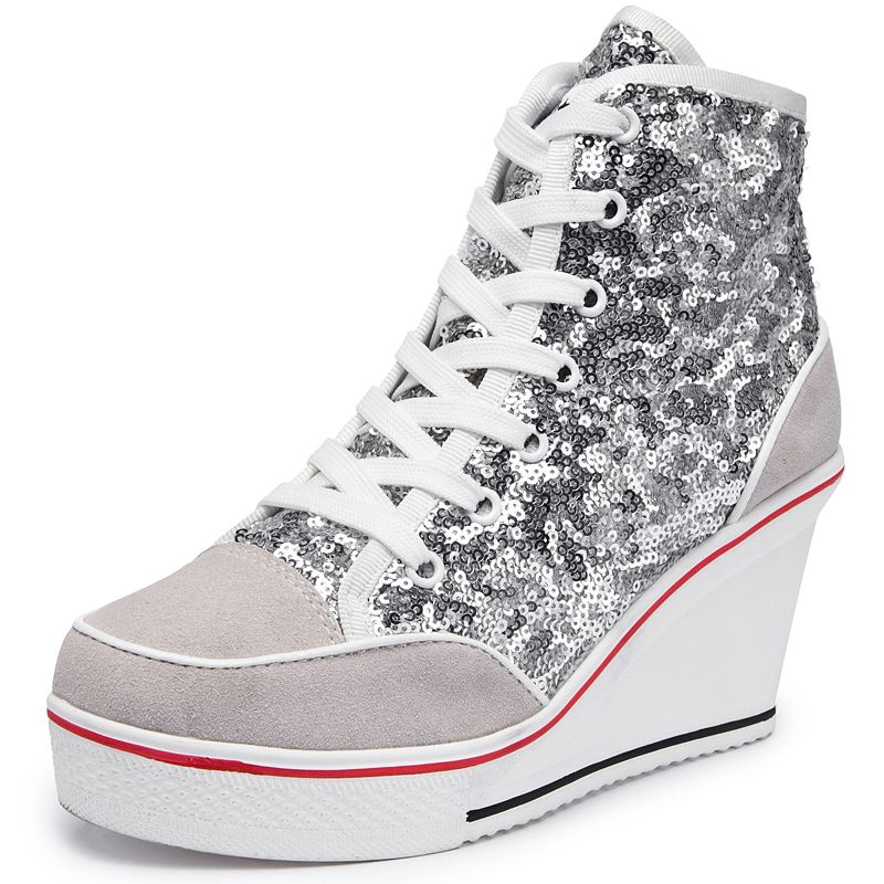 silver glitter wedge sneakers
