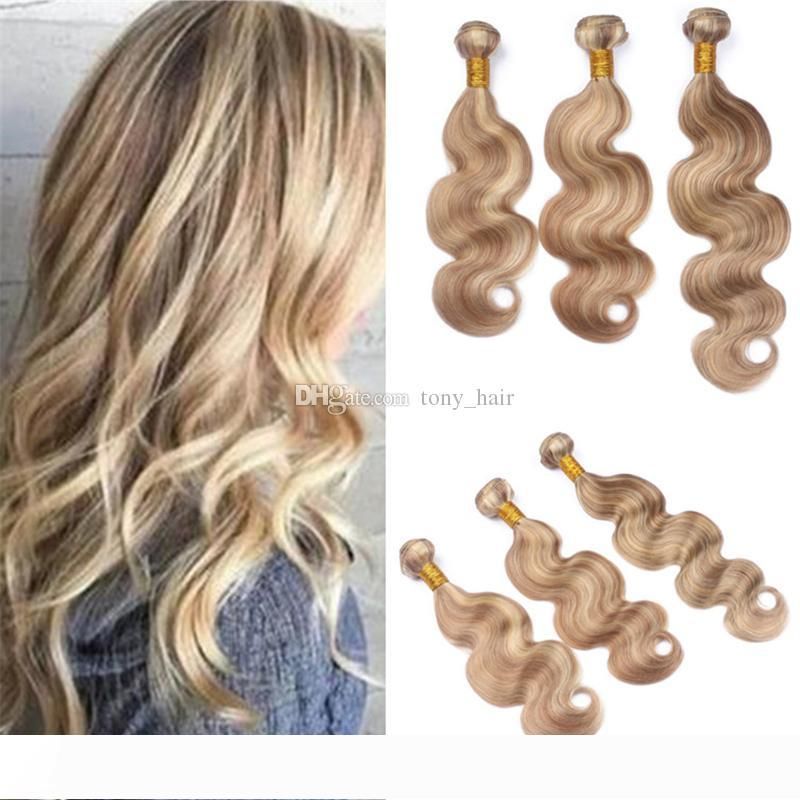 Light Brown Blonde Piano Human Hair Weave 3 Bundles 27 613 Mixed Blonde  Highlights Piano Body Wave Hair Wefts Extensions