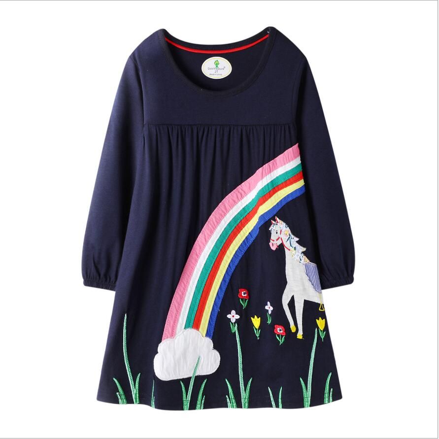 Azul/Rayas Arcoiris 0-4 Años Niñita Algodón orgánico Vestido de Manga Larga Bebé Niñas pequeñas