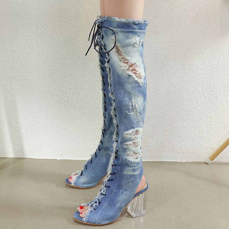 denim thigh high boots chunky heel