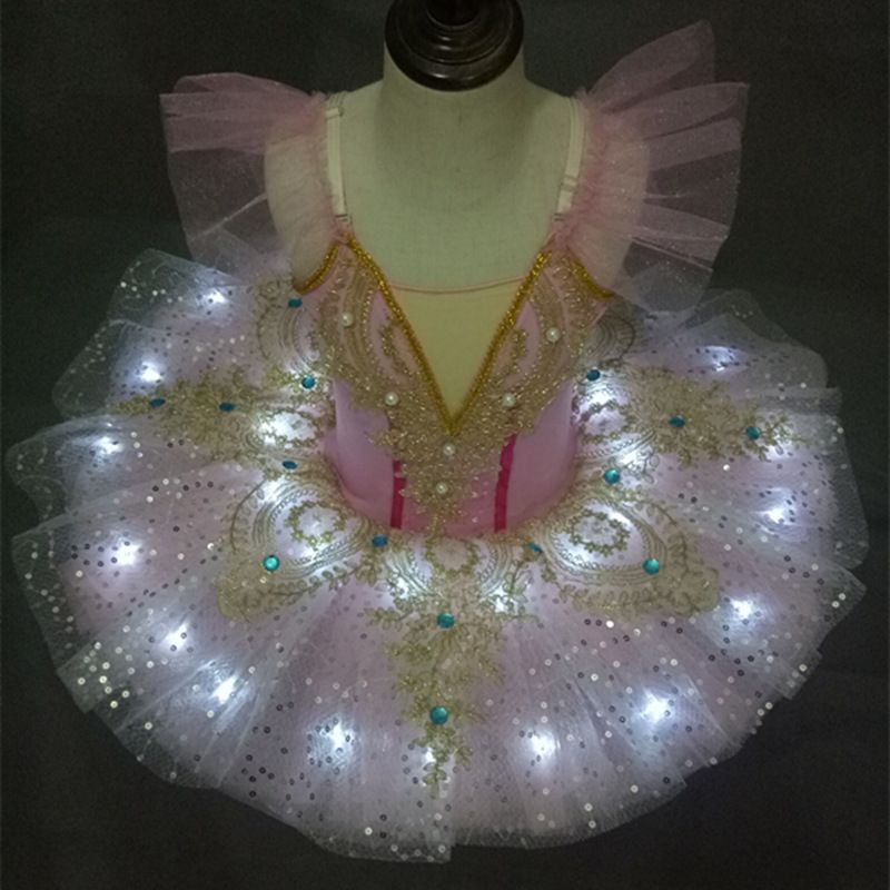 Girls LED Light Ballet Dance Costumes Fluffy Fluorescent Swan Lake Night Leotard