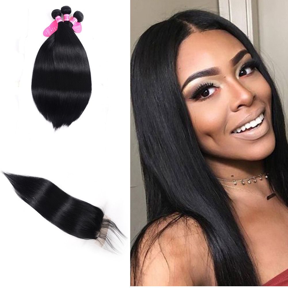 Straight Human Hair Bundles With Closure Straight Jet Black 8a