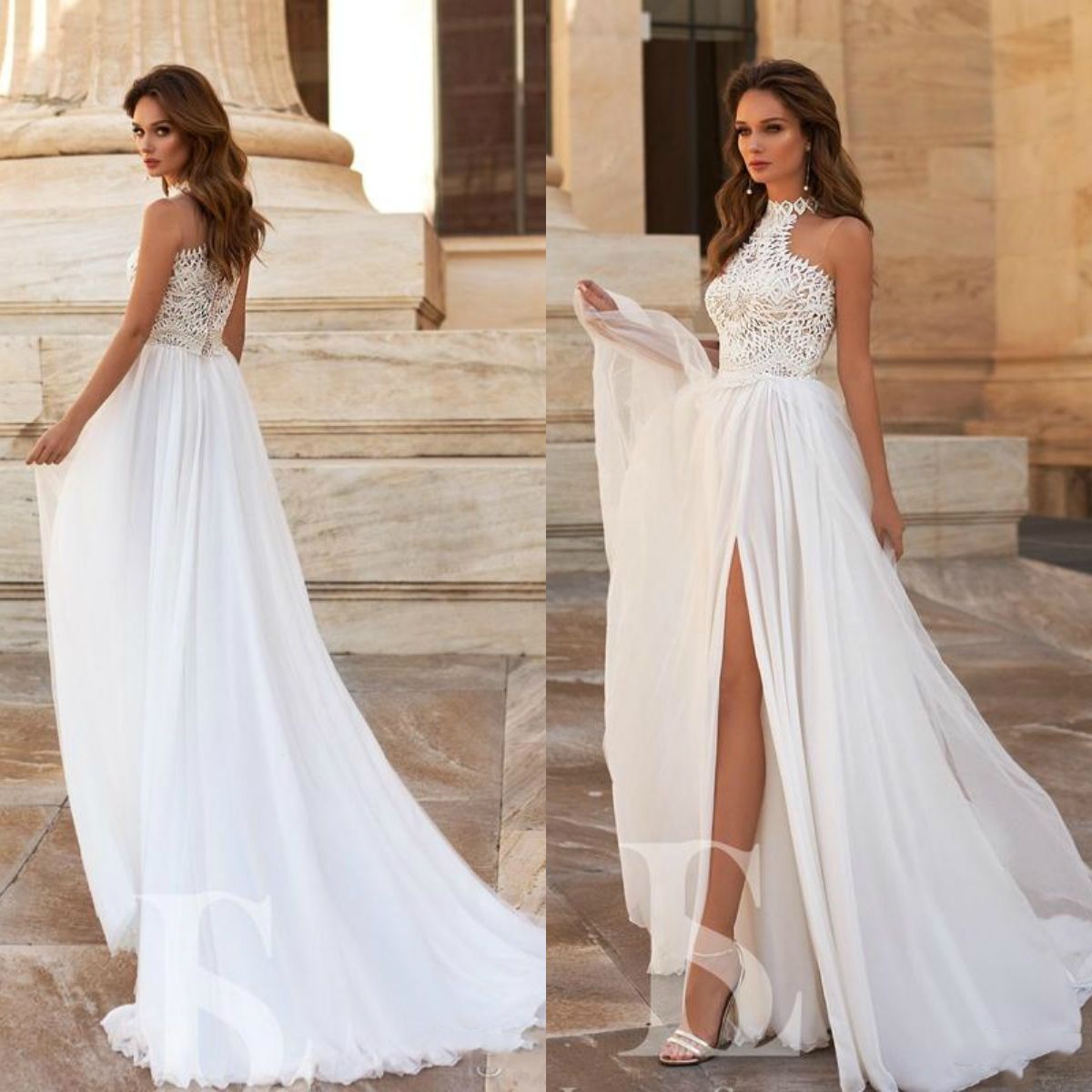 Bohemian Thigh Split Slits Beach Wedding Dresses High Neck Appliques