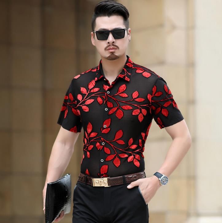 Seda transparente para hombres Camisa transparente de manga corta Estampado flores Diseño Camisas de