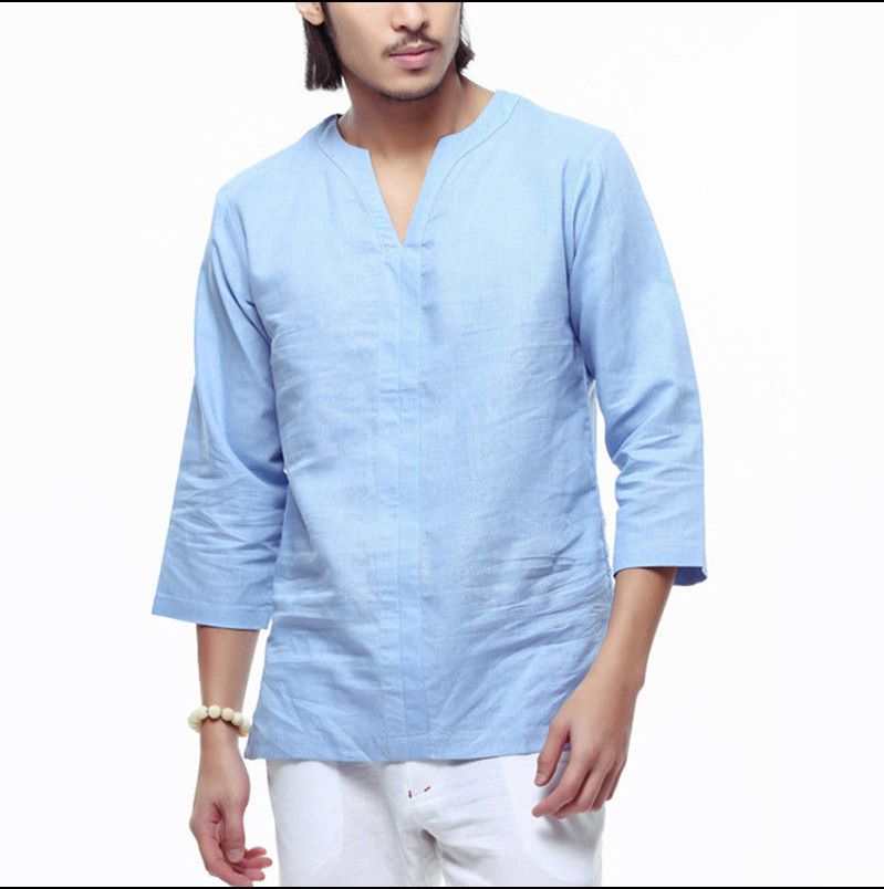 Mens Pullover Linen Shirt Casual Yoga 