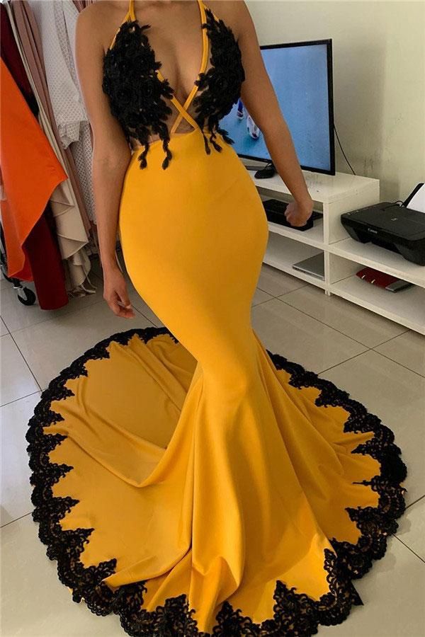 Compre Nueva Sexy Amarillo Sirena Vestidos De Baile Cuello En V Profundo  Ilusión Negro De Encaje Apliques De Espalda Abierta Del Desgaste Del  Vestido De Noche Formales De La Graduación Del Partido
