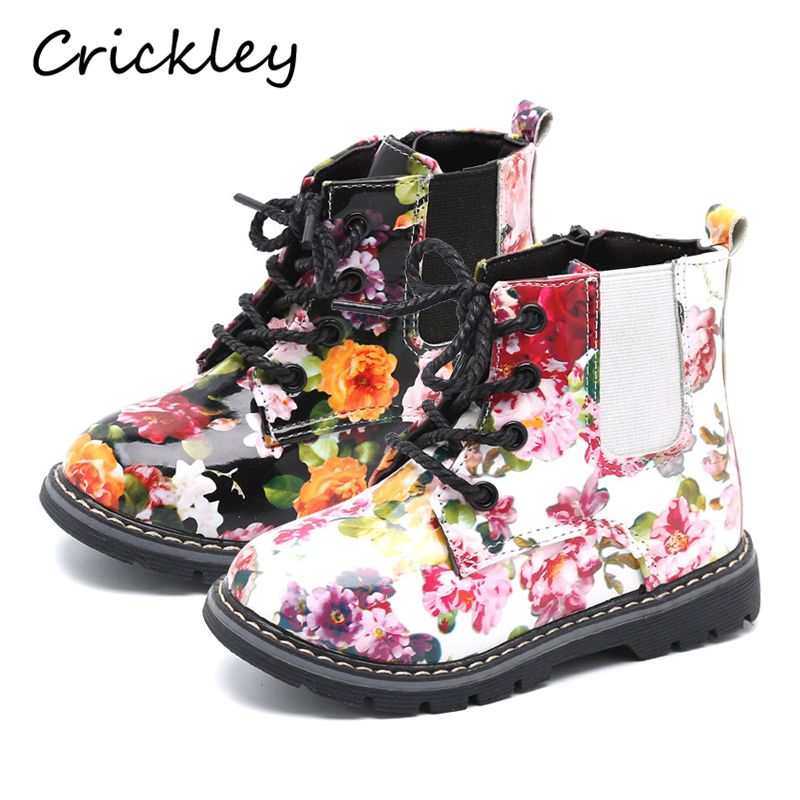 Toddler Girl Boots Bright Side PU Leather Flower Printing For Girls