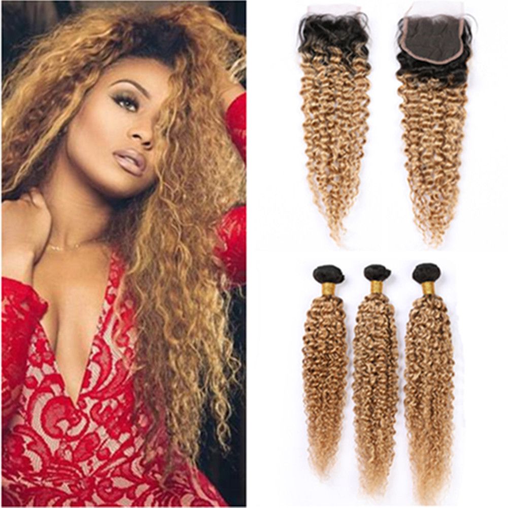 Honey Blonde Ombre Bundles And Closure Kinky Curly Virgin Hair