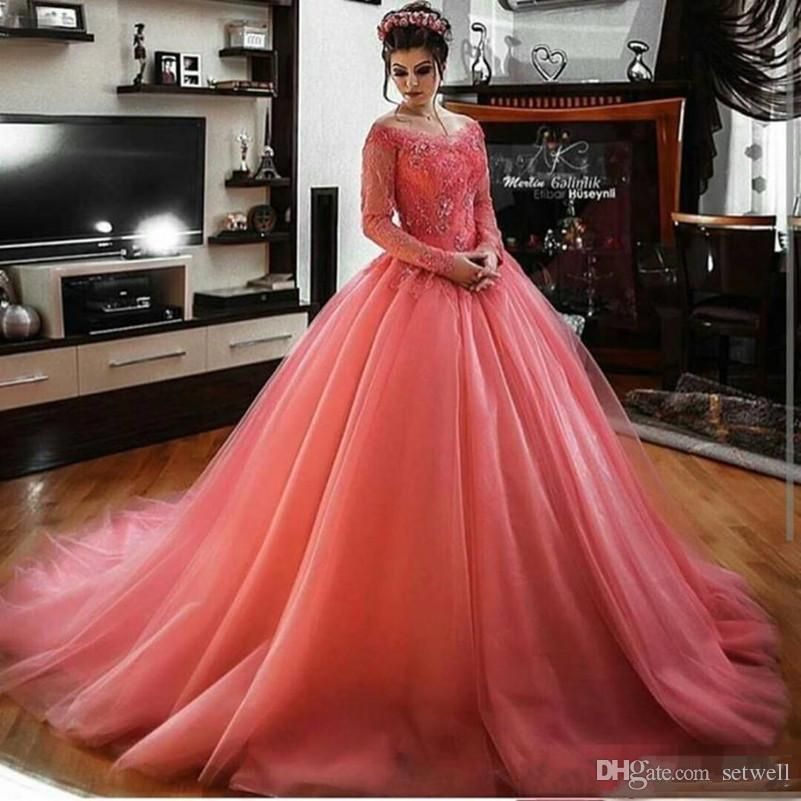 Melón de agua Mangas largas de encaje Bola de encaje Quinceañera Vestidos del hombro Princess Vestidos Melón de agua Mangas largas de encaje Bola de encaje Quinceañera Vestidos del hombro Princess Vestidos