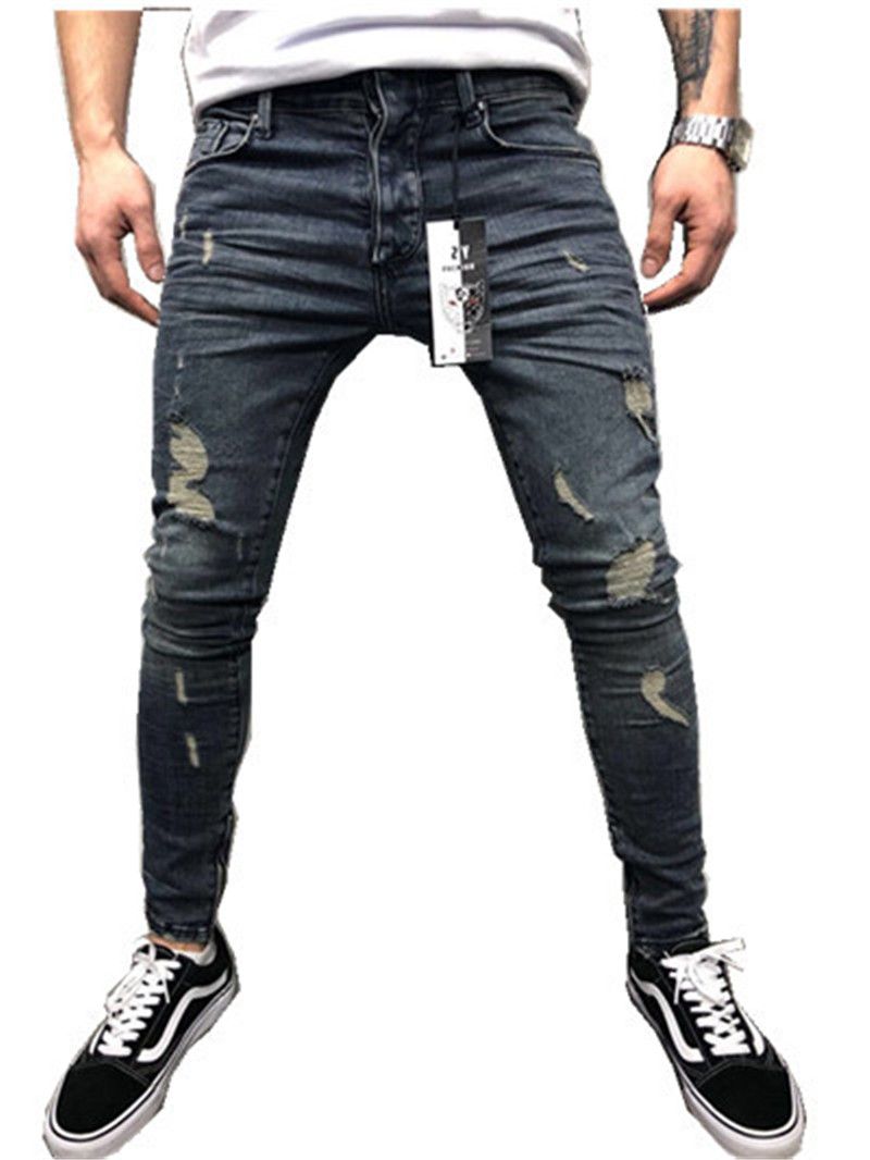 Hombres Jean Moda Hombres calientes Largos Pierna delgada Fit Agujero Strech Pantalones Skinny Jeans Clubwear