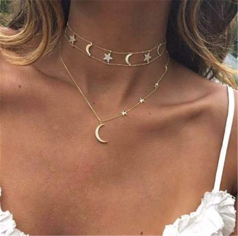 Multilayer Choker Necklace Crystal Star Moon Chain Gold Women Summer Jewelry