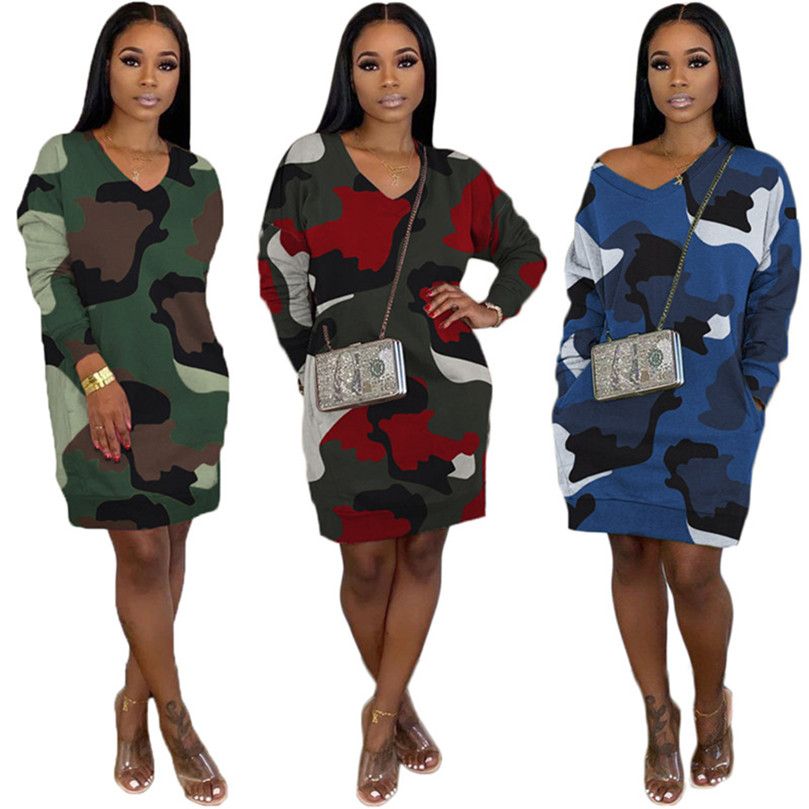 Fall Winter Women Camo One Piece Dress Fashion Printing Loose Dresses Casual Camouflage Long Sleeve Skirts V Neck Hoodies Short Skirt 2140 From Tasa11 18 05 Dhgate Com